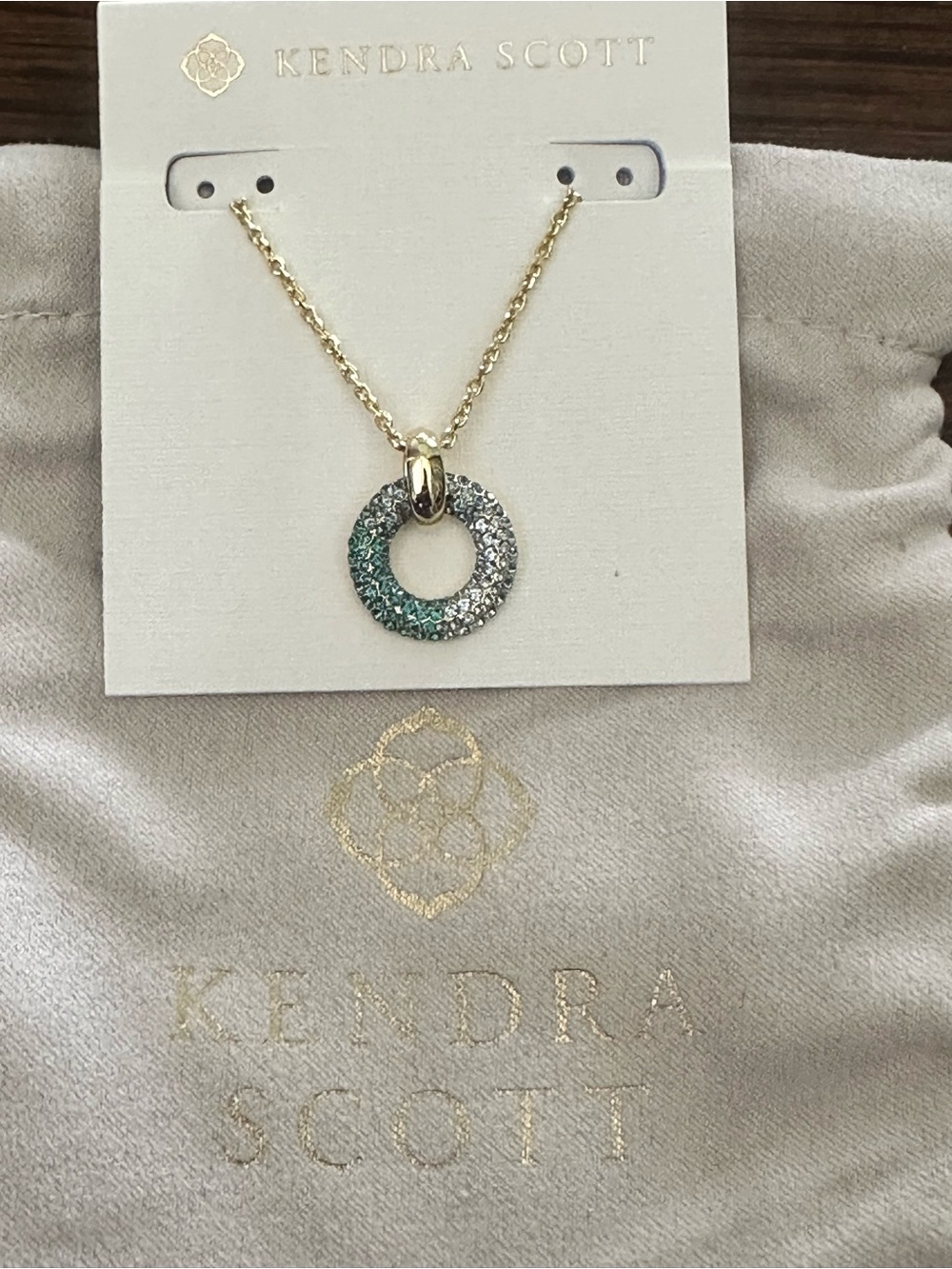 NWT Kendra Scott Mikki Gold Pave Short Pendant Necklace Green Blue Ombre Mix